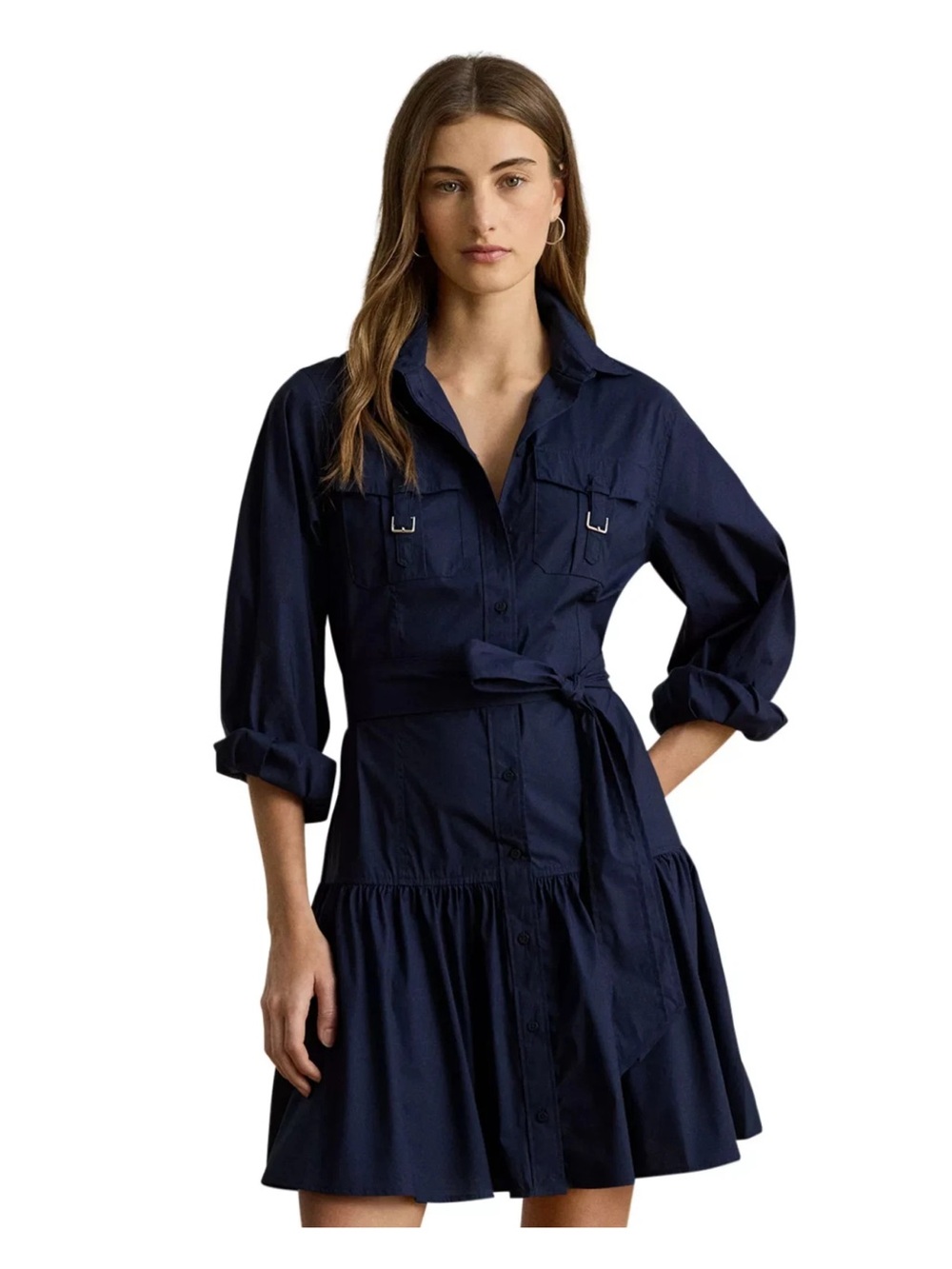 Lauren Ralph Lauren Women's Buckle Trim Cotton Blend Shirt Dress Navy Blue 4 NEW